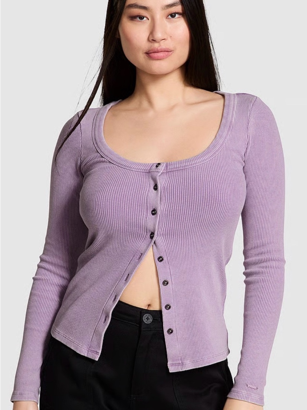 PINK Victoria's Secret Lavender Ribbed Button-Down Scoop Top